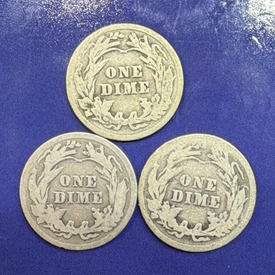 1910 1912 1913 Barber Dime 10C Lot of 3 G Good 90% Silver Three Dates US Coins