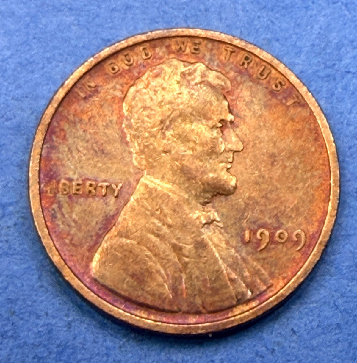 1909 Lincoln Wheat Cent 1C VF Super Toner Rose Magenta Blue Toned First Year US