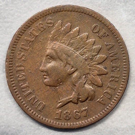 1867 Indian Head Cent Penny 1C F Fine Bronze Early Date Semi Key US Coin