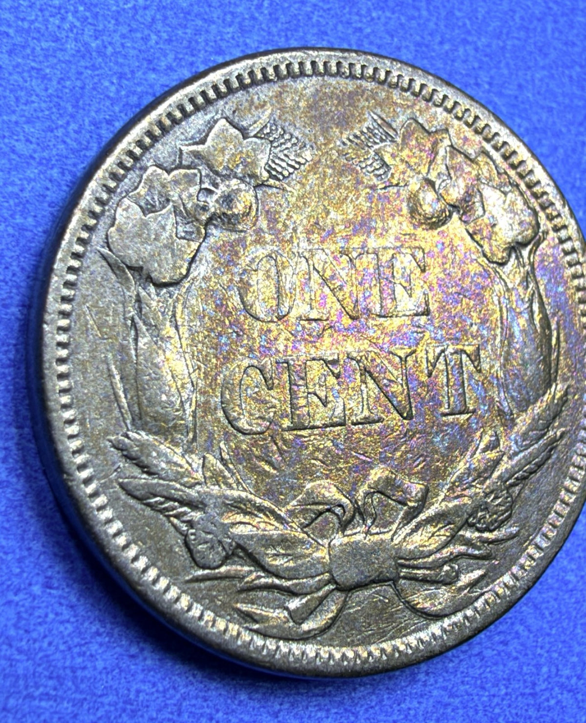 1858 Flying Eagle Cent XF Rainbow Toner Purple Gold Large Letters Low Leaves?