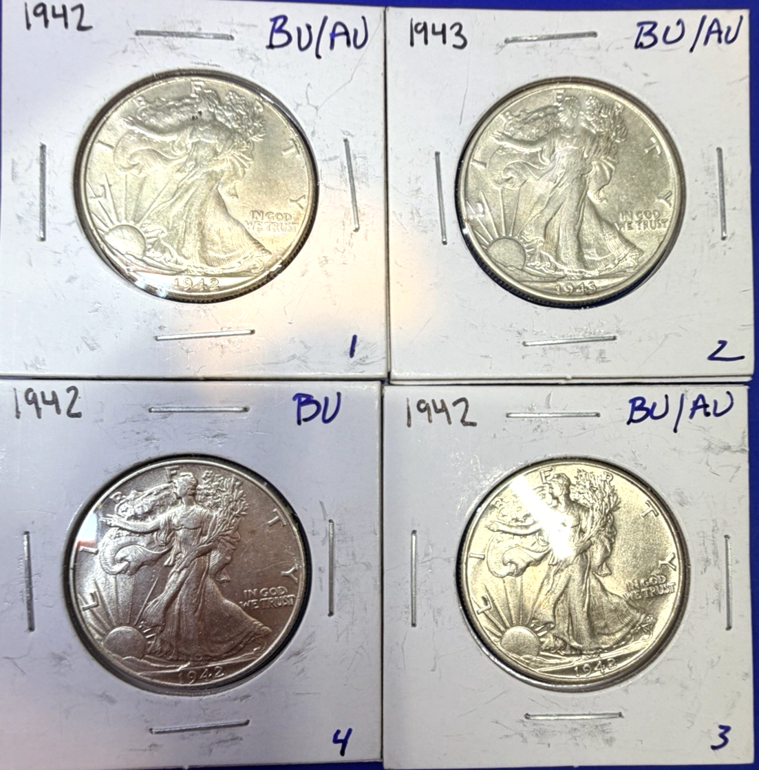 LOT OF 4 ~ 90% Silver Walking Liberty Half Dollars Brilliant Uncirculated BU
