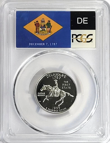 ✅ 1999-S Delaware 90% SILVER Washington Quarter ~ PCGS PR69DCAM State Flag Label