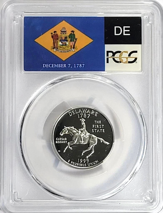 ✅ 1999-S Delaware 90% SILVER Washington Quarter ~ PCGS PR69DCAM State Flag Label