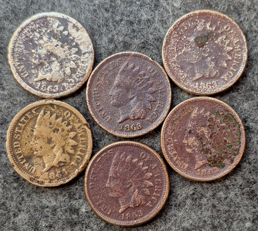 Lot (6) 1863-64 Indian Head Cents AG or Less Features Type II Chunky Coins Shown