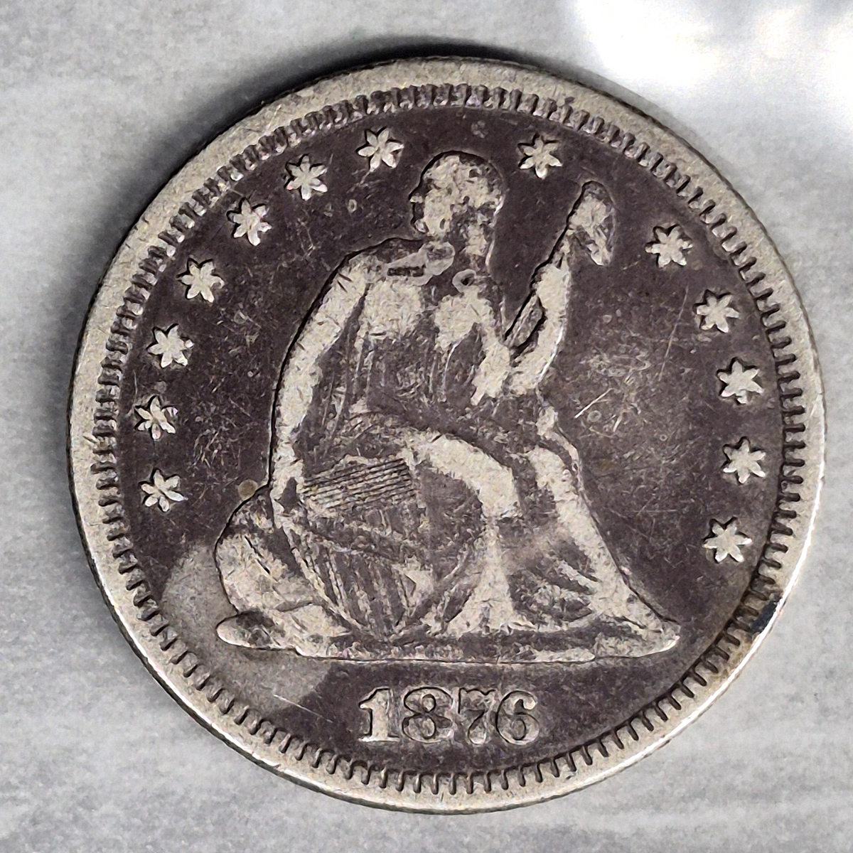 1876 Seated Liberty Quarter 25C 90% Silver Centennial Year With Motto Good+