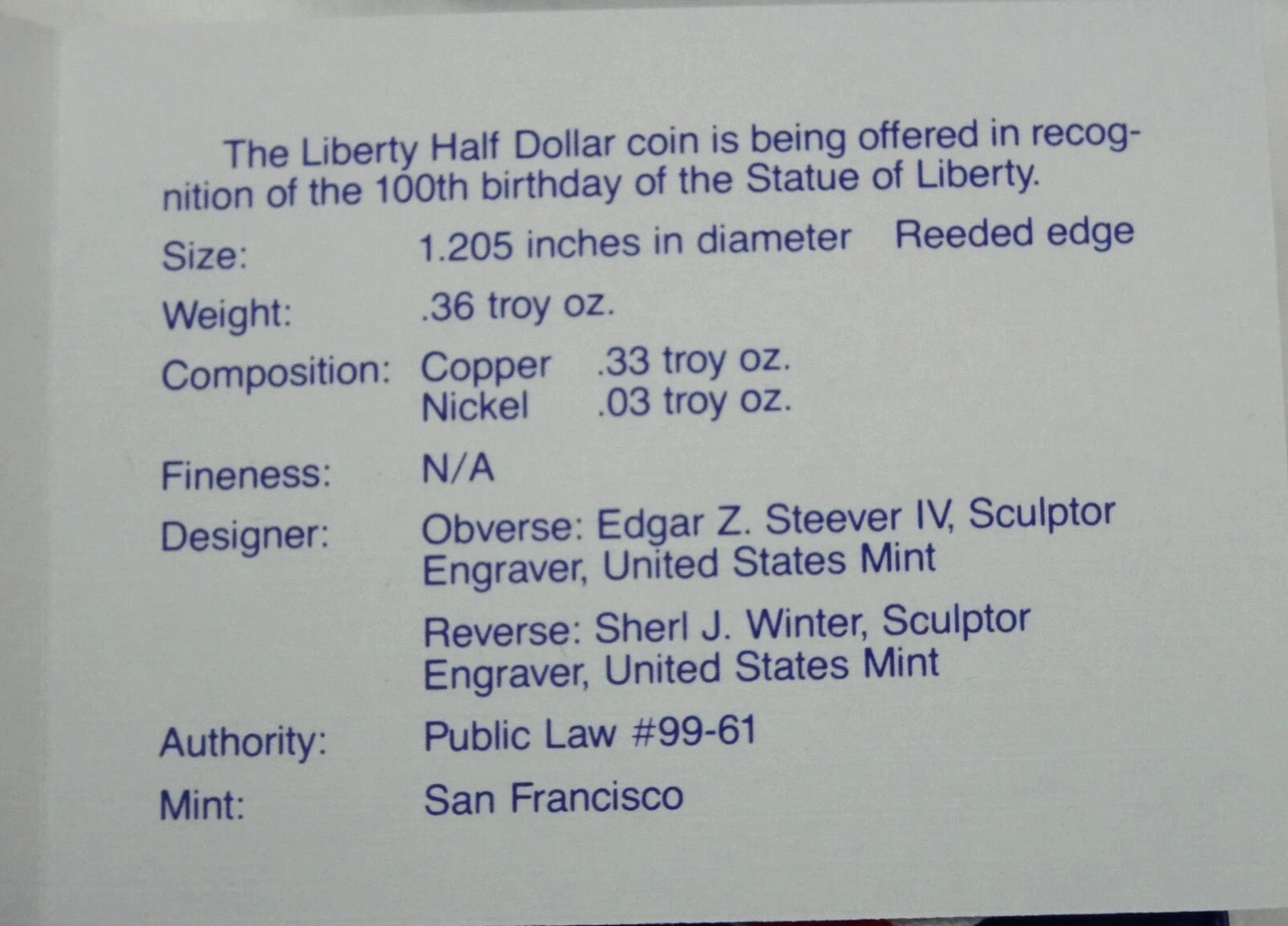 ⭐️  1986-S Statue of Liberty Proof Half Dollar US Mint Coin 50c OGP Box & COA