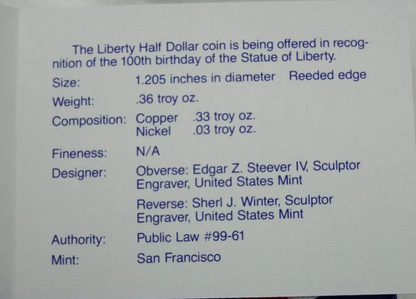 ⭐️  1986-S Statue of Liberty Proof Half Dollar US Mint Coin 50c OGP Box & COA