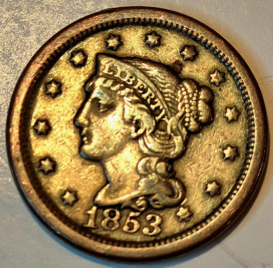 1853 Braided Hair Cent N23 R4 GSID 1168 XF+ Features 1C BN