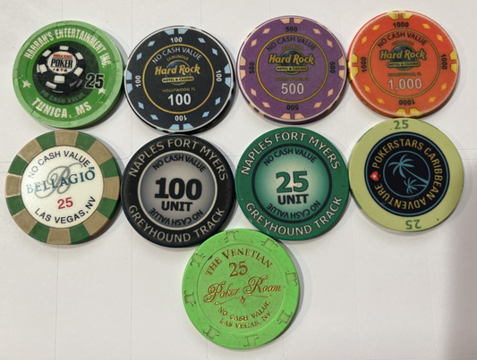 9 Various Branded Casino Poker Tournament Chips No Cash Value