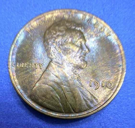 1910 Lincoln Wheat Cent Super Toner Blue Purple Gold Rainbow Toning AU Beauty