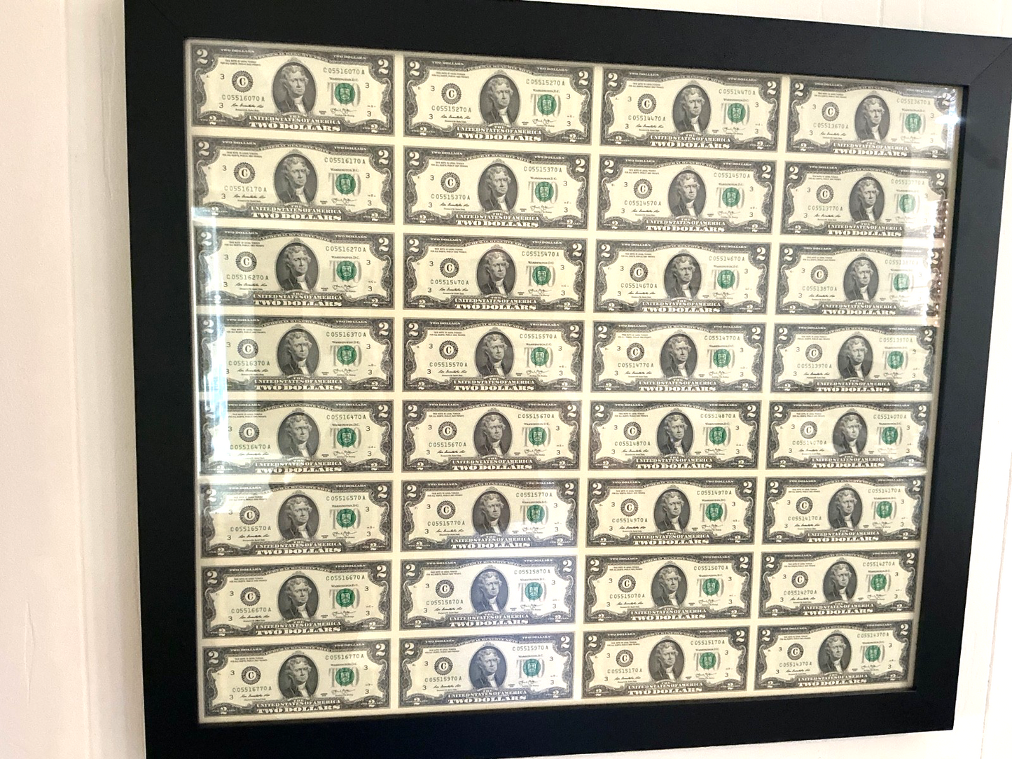 32 ~ $2 Dollar Bills Uncut Sheet Professionally Framed Series 2013 UNCIRCULATED