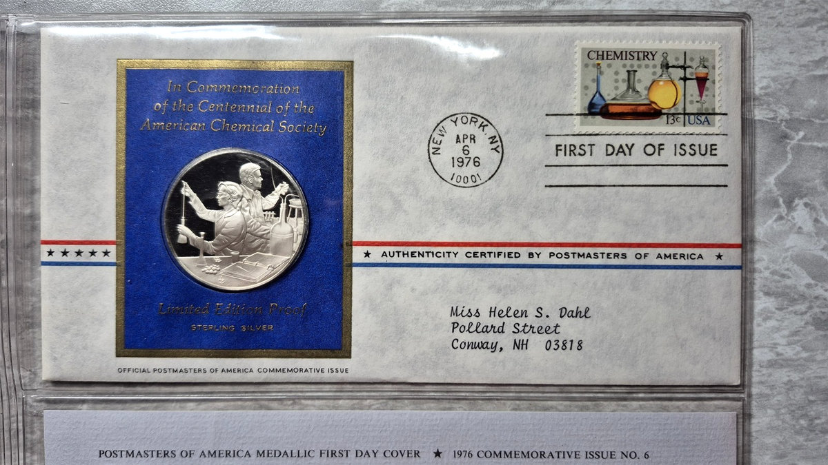 1976 Postmasters of America American Chemical Society Sterling Proof Medal FDC
