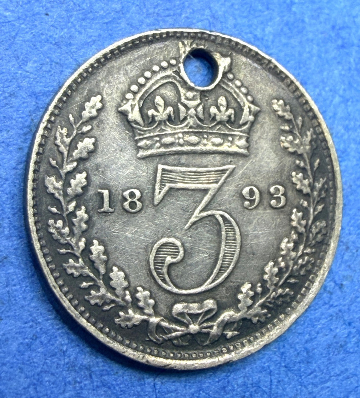 1893 Great Britain 3 Pence Silver Queen Victoria Veiled Head Holed Threepence