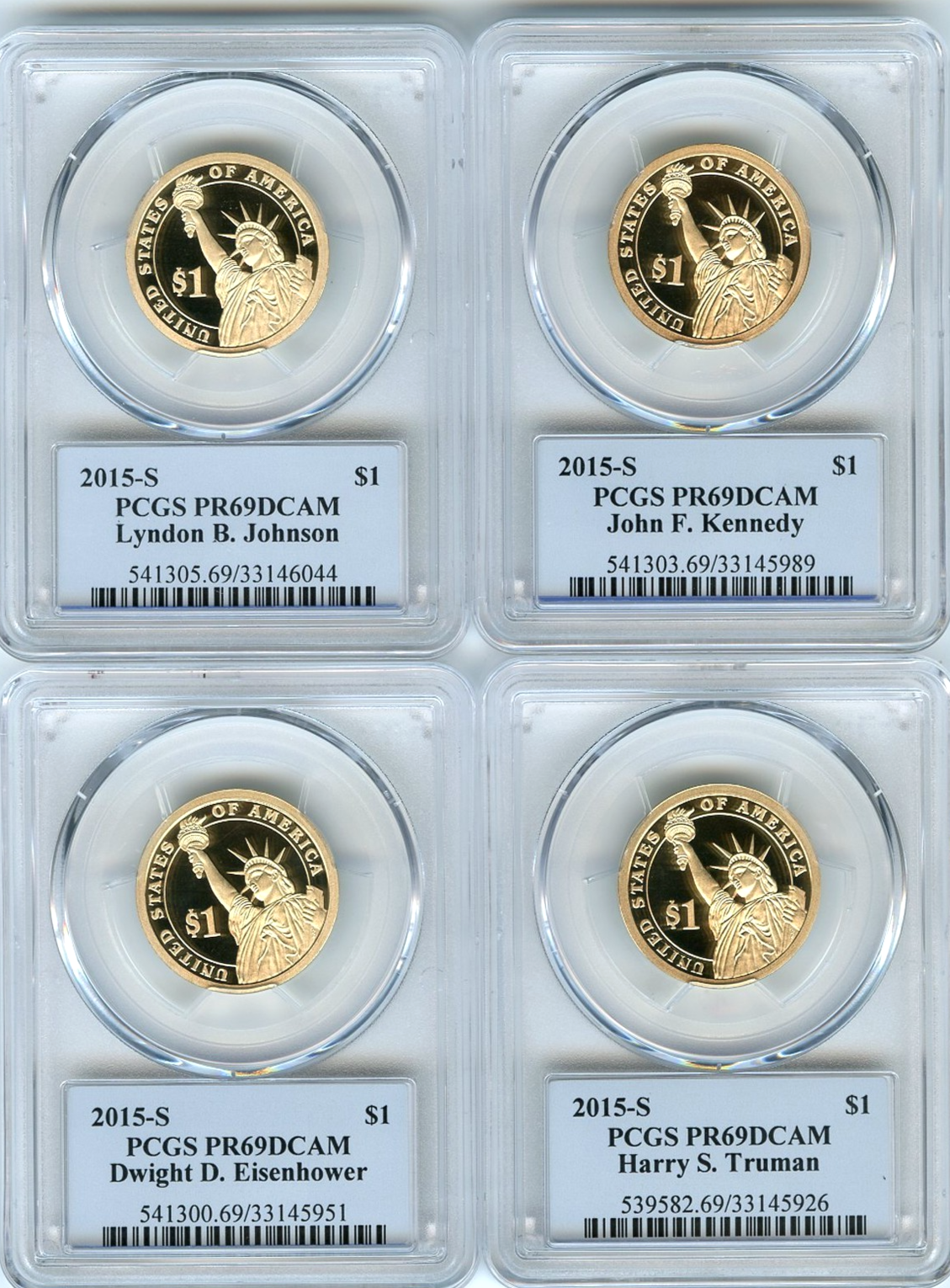 🔥 2015 S Presidential Dollar 4 Coin Set PCGS PR69DCAM JFK IKE JOHNSON TRUMAN