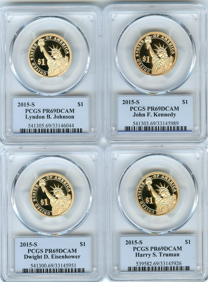 🔥 2015 S Presidential Dollar 4 Coin Set PCGS PR69DCAM JFK IKE JOHNSON TRUMAN