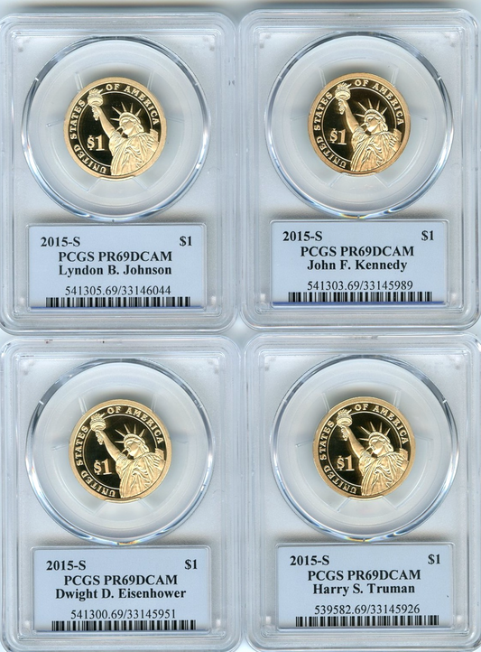 🔥 2015 S Presidential Dollar 4 Coin Set PCGS PR69DCAM JFK IKE JOHNSON TRUMAN