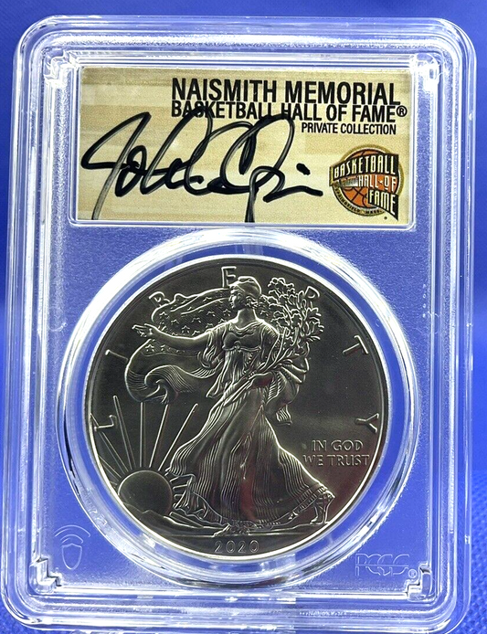 COACH 🔥 JOHN CALIPARI 2020-S SILVER EAGLE PCGS MS70 FDOI BASKETBALL HOF PRIVATE