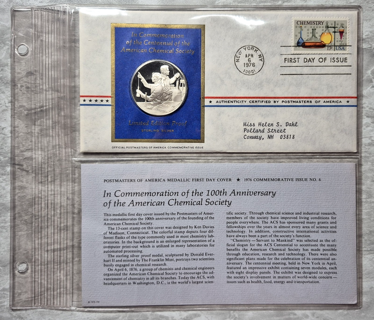 1976 Postmasters of America American Chemical Society Sterling Proof Medal FDC