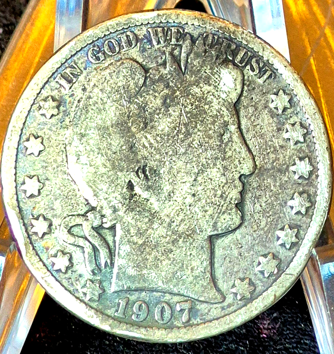 1907-S Barber Half Dollar 90% Silver G+ Features Partial Motto 50C