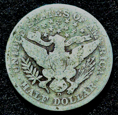 1907 D Barber Half Dollar 90% Silver 50C Good+ Circulated Features 50C