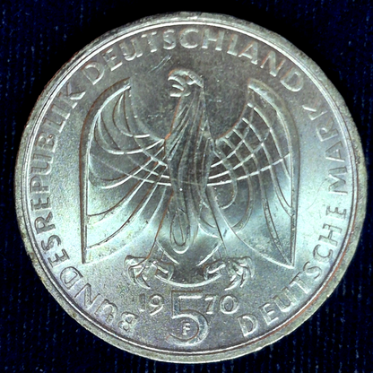 1970 F  GERMANY  5 MARK Ludwig van Beethoven 0.625 SILVER COIN .2251 ASW