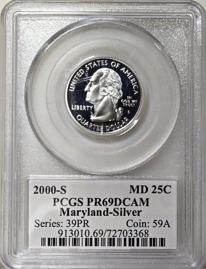 ✅ 2003-S Maryland 90% SILVER Washington Quarter ~PCGS PR69DCAM State Flag Label