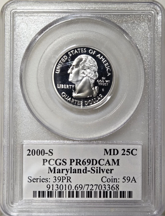 ✅ 2003-S Maryland 90% SILVER Washington Quarter ~PCGS PR69DCAM State Flag Label