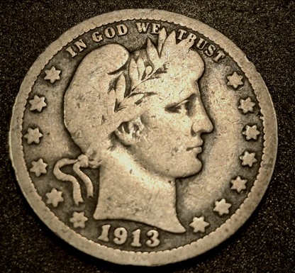 1913 Barber Silver Quarter 90 % SILVER Very Collectable Date Coin VG-F Features