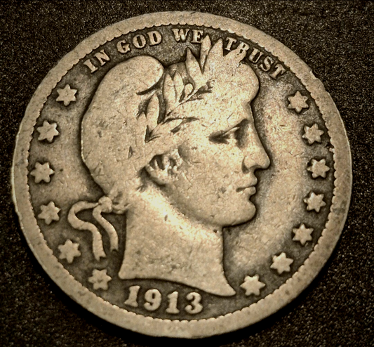 1913 Barber Silver Quarter 90 % SILVER Very Collectable Date Coin VG-F Features