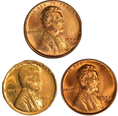 ✅  1954 P/D/S BU Uncirculated 3 COIN SET Lincoln Wheat Cents Choice RED Beauties