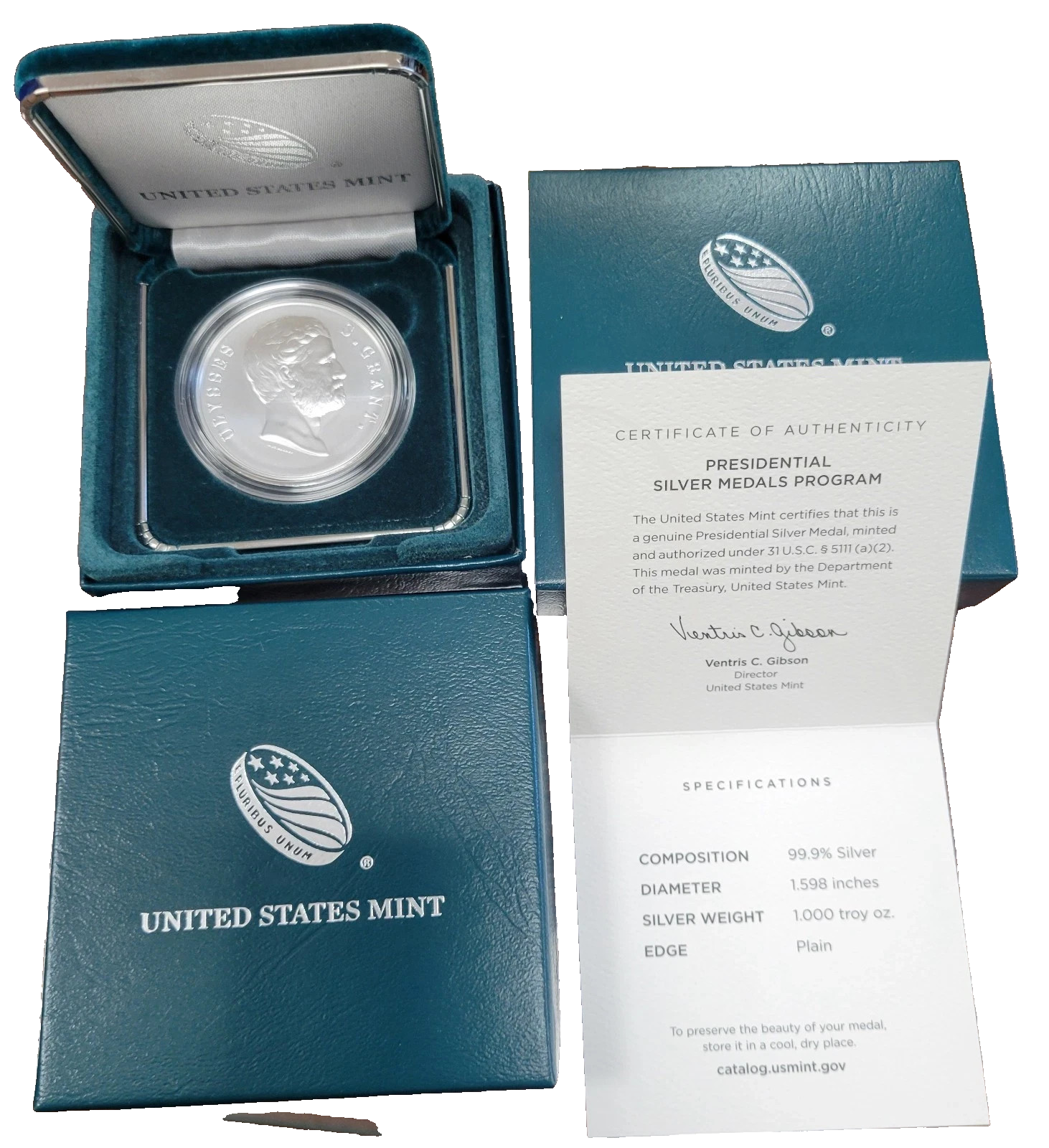 1 oz .999 SILVER U.S. Presidential Medal Ulysses Grant  Original Packaging +COA