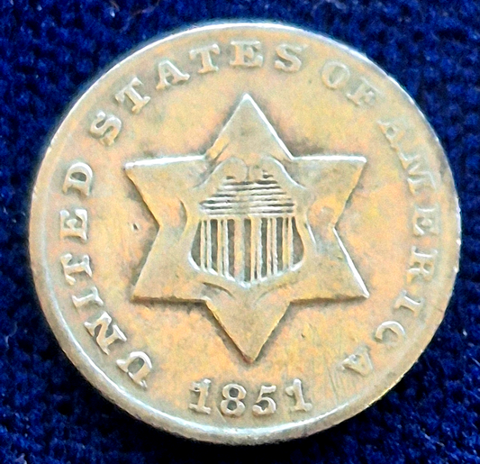 1851 Three Cent Silver Trime 3C First Year, Type 1, VF+ Features Toner See Video