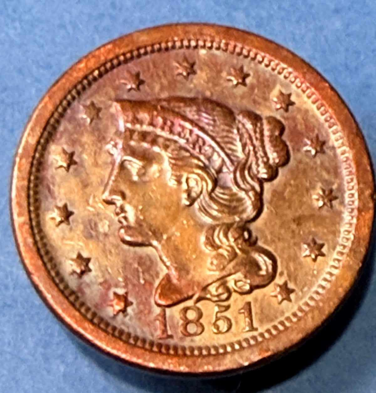 1851 Braided Hair Large Cent 1C XF-AU Rainbow Toned Copper Penny US Coin