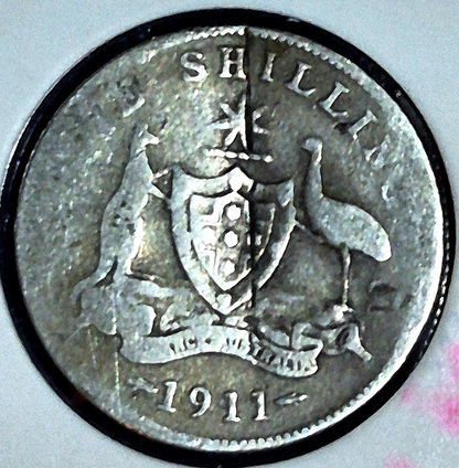 1911 AUSTRALIA George V .925 Silver 1 Shilling AG Features Unique Damage Obv/Rev