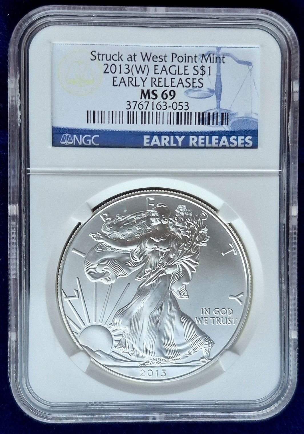 2013(W) USA EAGLE $1 SILVER STRUCK AT WEST POINT MINT EARLY RELEASES NGC MS 69