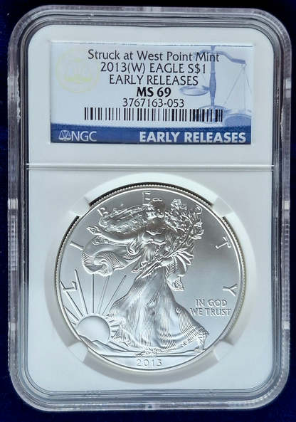 2013(W) USA EAGLE $1 SILVER STRUCK AT WEST POINT MINT EARLY RELEASES NGC MS 69