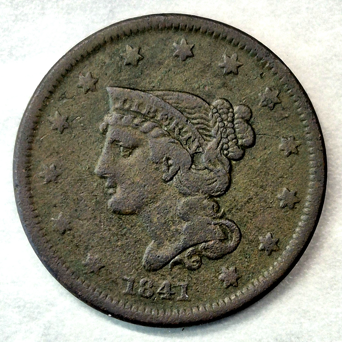 1841 Braided Hair Large Cent N-5 R-3 1C Fine Lowest Mintage of 1840s US Coin