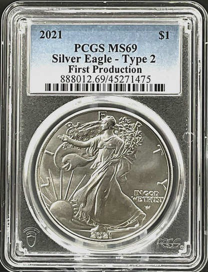 ✅  2021 American Silver Eagle PCGS MS69 Type 2 First Production Blue Label .999