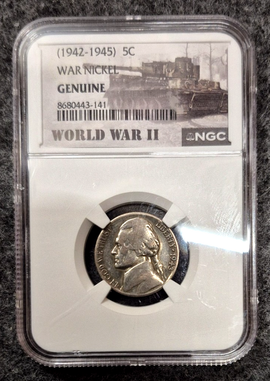 1943-S Jefferson War Nickel 5C NGC Genuine World War II Label 35% Silver