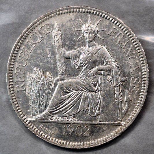 1902-A French Indochina Piastre de Commerce .900 Silver Trade Dollar AU KM 5a.1