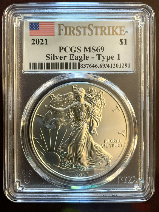 2021 $1 Silver Eagle Type 1 PCGS MS69 .999 Fine 1 OZ FIRST STRIKE Flag Label