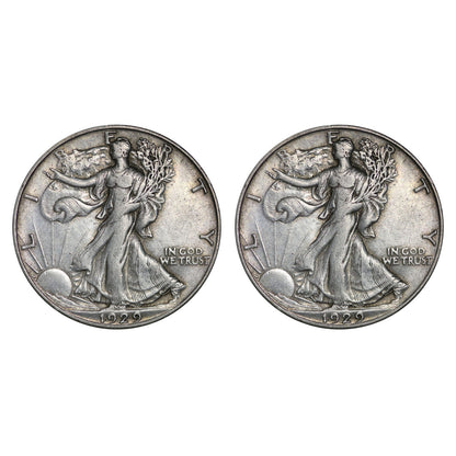 $1 Face Value 90% Silver Walking Liberty Half Dollar (Two Coins) G - VG Features