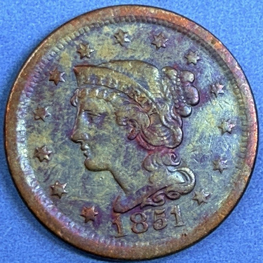 1851 Braided Hair Large Cent 1C XF-AU Rainbow Toned Copper Penny US Coin