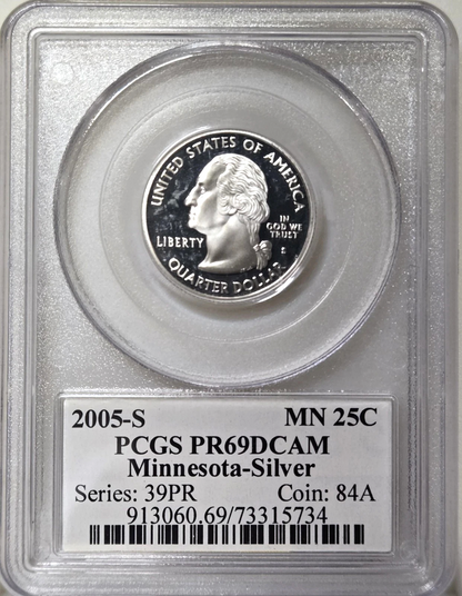✅ 2005-S Minnesota 90% SILVER Washington Quarter ~PCGS PR69DCAM State Flag Label