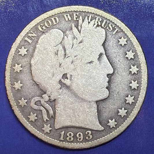 1893 Barber Half Dollar 50C VG Very Good 90% Silver US Coin Philadelphia