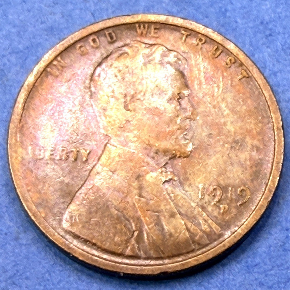 1919-D Lincoln Wheat Cent 1C VF Rainbow Toned Penny Golden Rose Toning US Coin