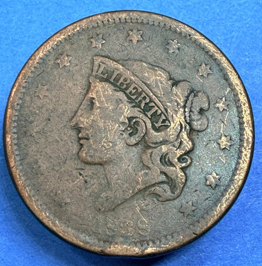 1838 Coronet Head Large Cent 1C VG Very Good Copper Penny Philadelphia US Coin