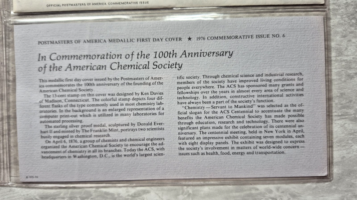 1976 Postmasters of America American Chemical Society Sterling Proof Medal FDC