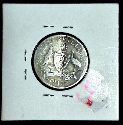 1911 AUSTRALIA George V .925 Silver 1 Shilling AG Features Unique Damage Obv/Rev