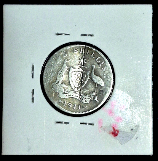 1911 AUSTRALIA George V .925 Silver 1 Shilling AG Features Unique Damage Obv/Rev